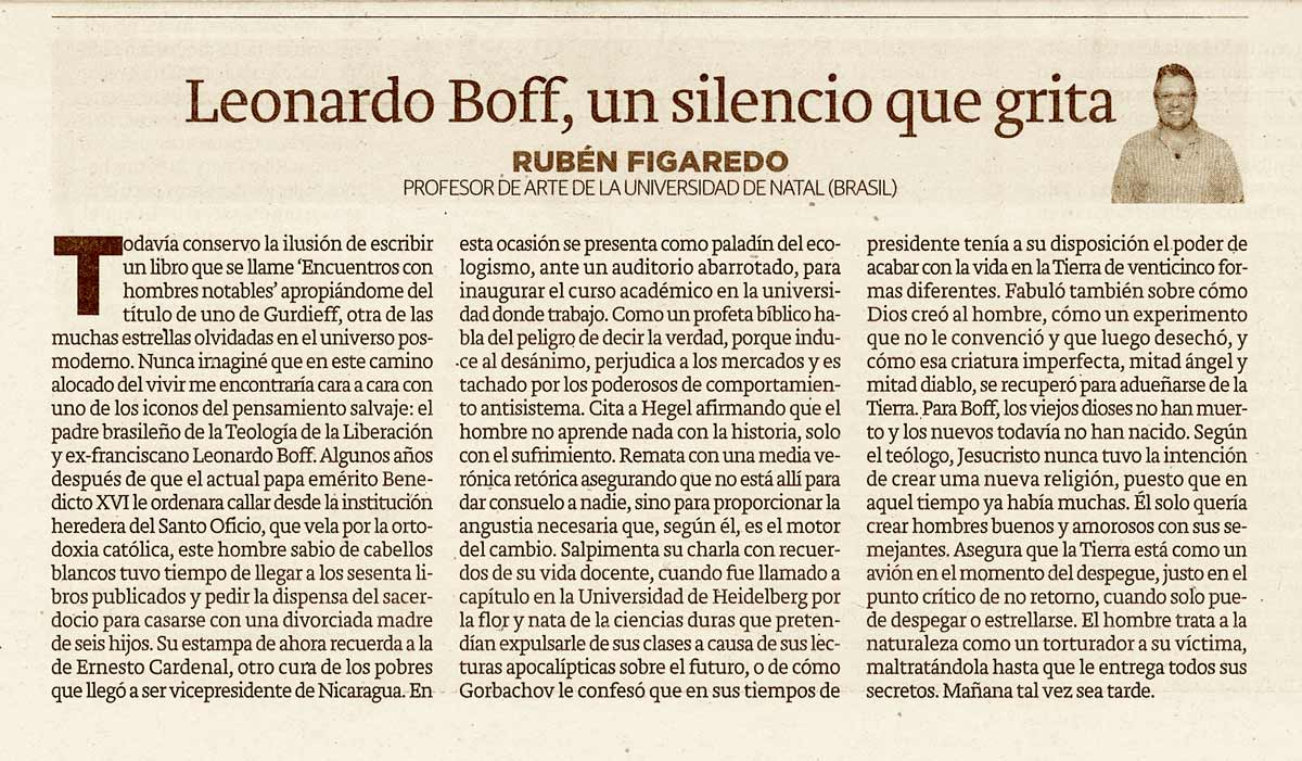 Leonardo Boff, un silencio que grita - originariamente publicado en El Comercio, el 01.09.14. (Artículo escaneado de la versión imprenta en el periódico El Comercio.
