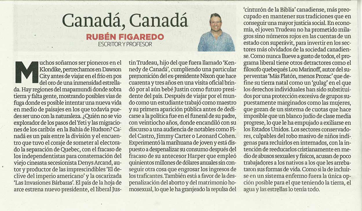 Canadá, Canadá; - originariamente publicado en El Comercio, el 26.10.15. (Artículo escaneado de la versión imprenta en el periódico El Comercio.