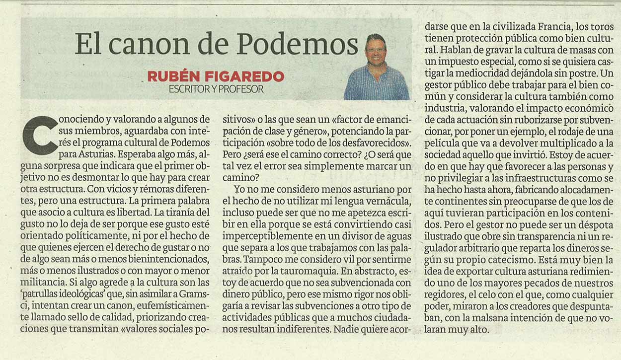 El canon de Podemos; - originariamente publicado en El Comercio, el 11.05.15. (Artículo escaneado de la versión imprenta en el periódico El Comercio.