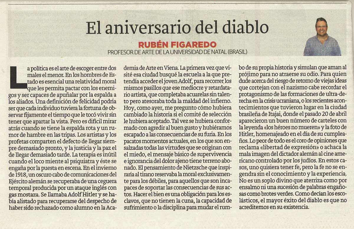 El aniversario del diablo - originariamente publicado en El Comercio, el 28.04.14. (Artículo escaneado de la versión imprenta en el periódico El Comercio.