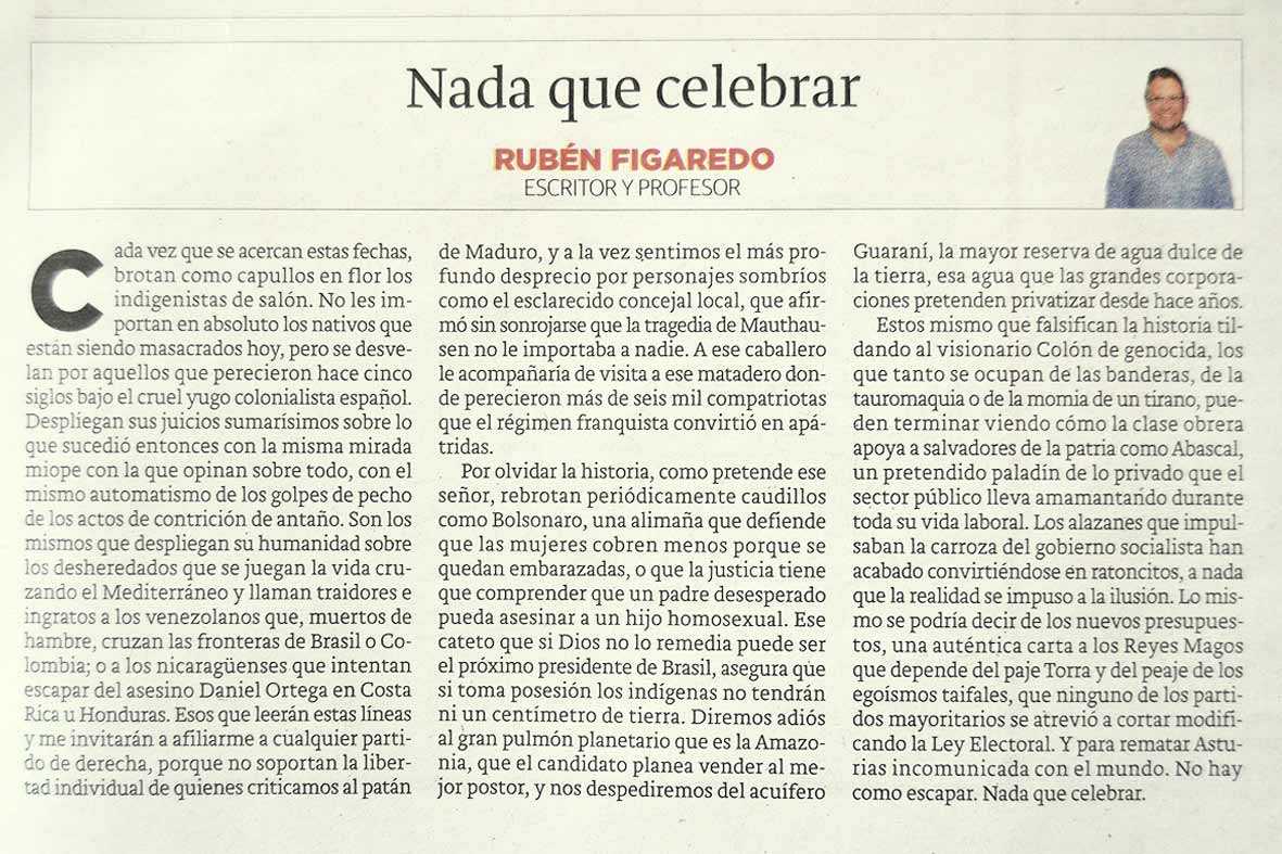 Nada que celebrar; - originariamente publicado en El Comercio, el 15.10.18. (Artículo escaneado de la versión imprenta en el periódico El Comercio.