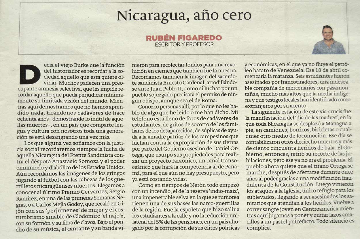 Nicaragua, año cero - originariamente publicado en El Comercio, el 03.09.18. (Artículo escaneado de la versión imprenta en el periódico El Comercio.