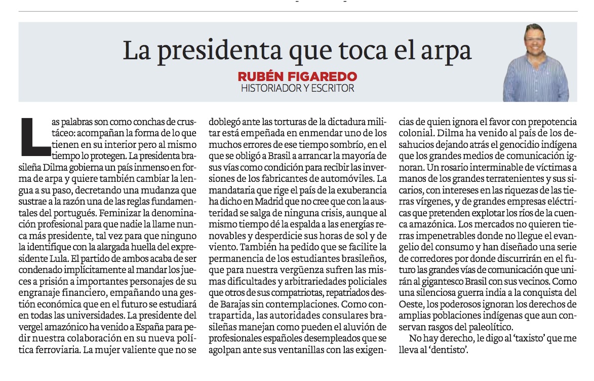 La presidenta que toca el arpa - Cartas Indianas; originariamente publicado en El Comercio, el lunes 03.12.12. (artículo escaneado de la versión imprenta en el periódico El Comercio.