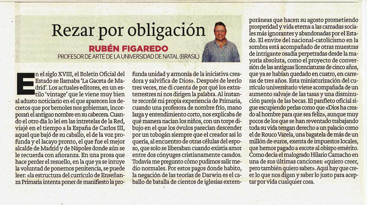 Rezar por obligación; - originariamente publicado en El Comercio, el 02.03.15. (Artículo escaneado de la versión imprenta en el periódico El Comercio.