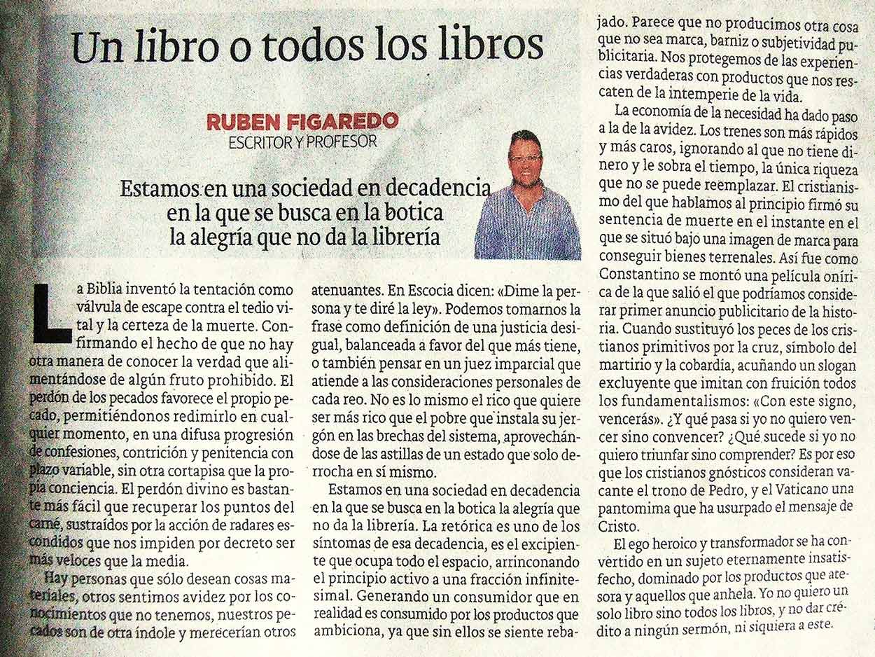 Un libro o todos los libros - originariamente publicado en El Comercio, el 26.09.2016. (Artículo escaneado de la versión imprenta en el periódico El Comercio.