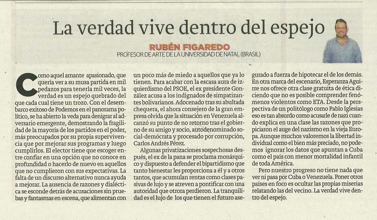 La verdad vive dentro del espejo - originariamente publicado en El Comercio, el 07.07.14. (Artículo escaneado de la versión imprenta en el periódico El Comercio.