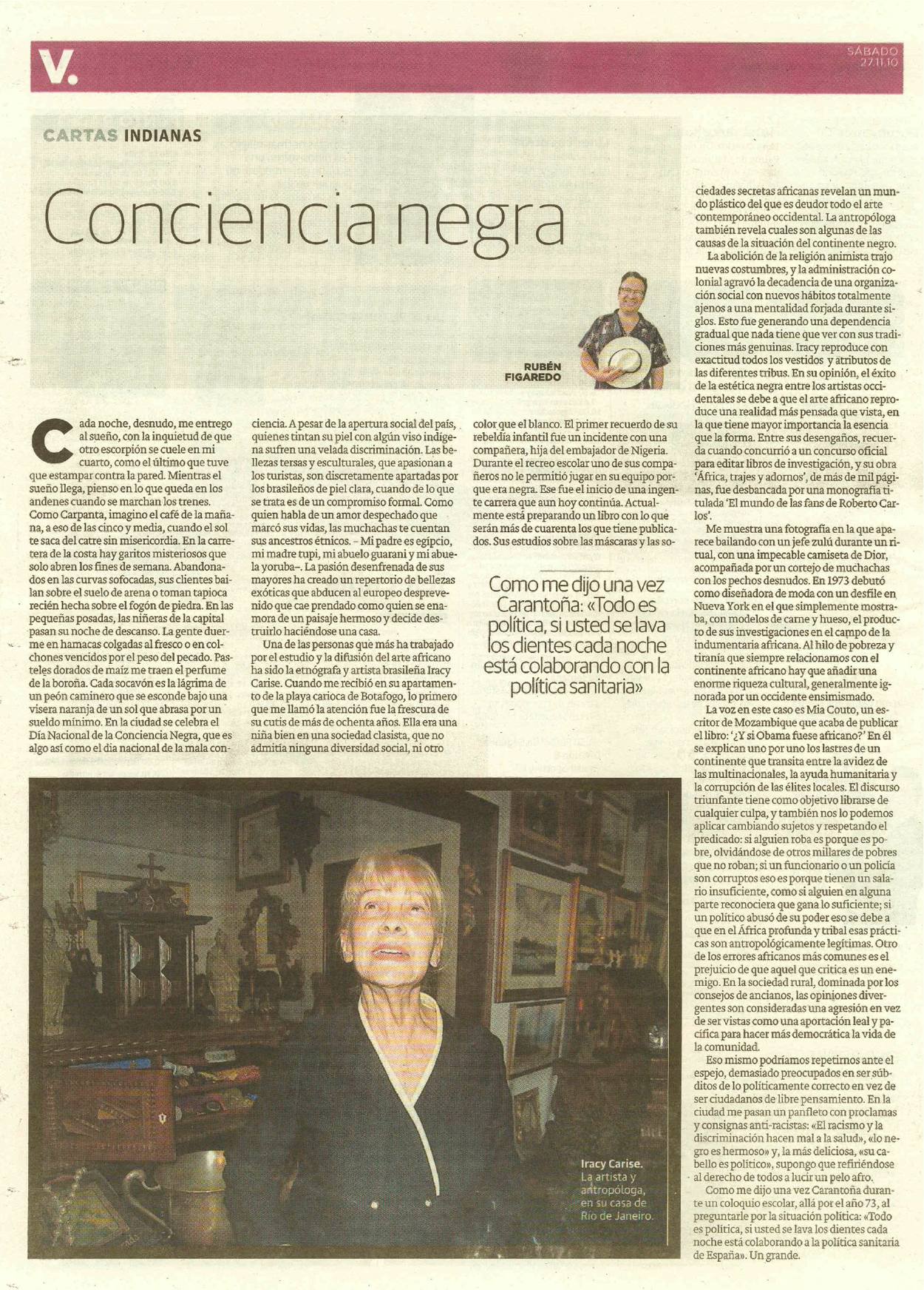 Conciencia negra - Cartas Indianas; originariamente publicado en El Comercio, el sábado 27.11.10. (artículo escaneado de la versión imprenta en el periódico El Comercio.