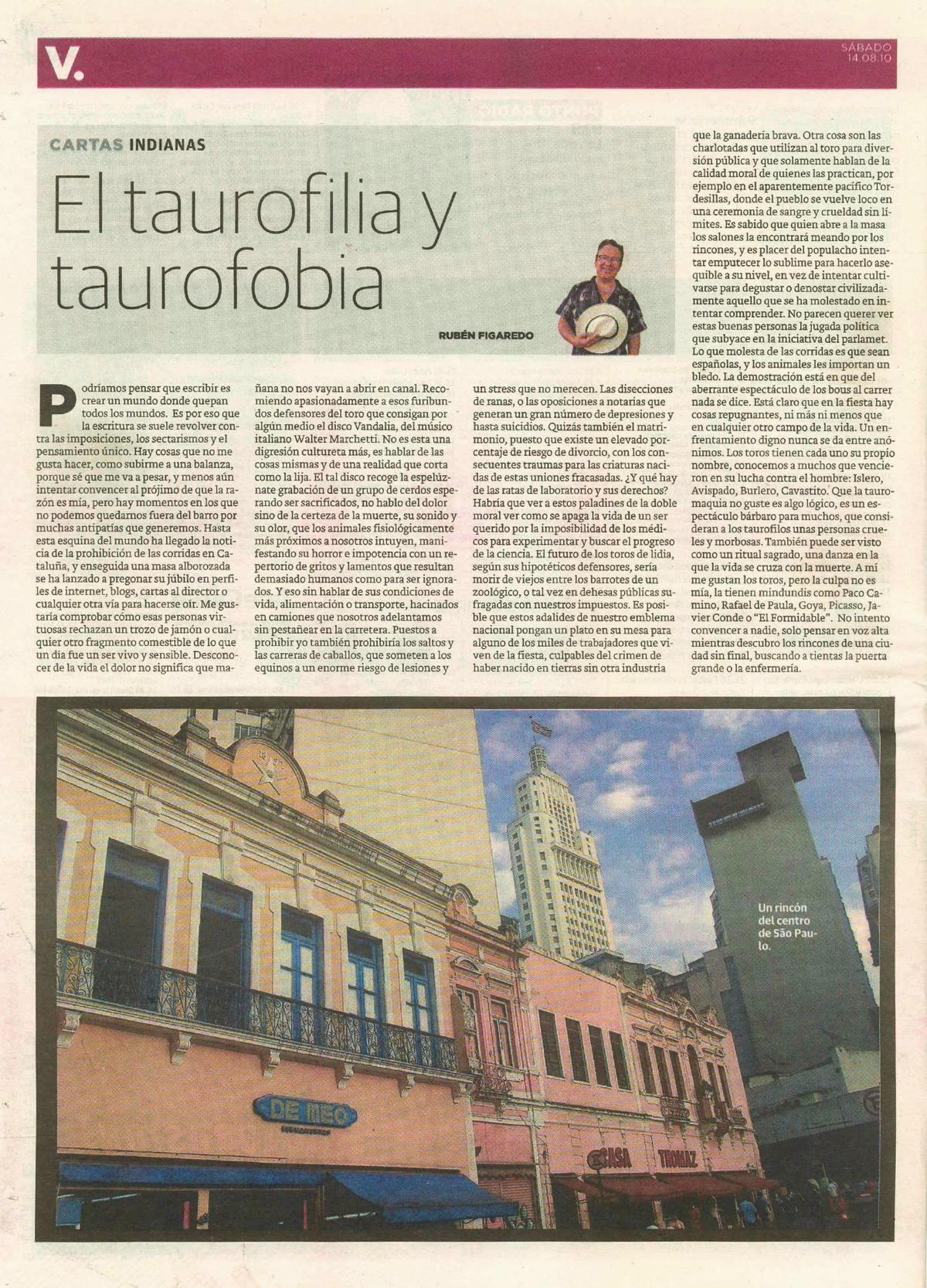 Taurofilia y taurofobia - Cartas Indianas; originariamente publicado en El Comercio, el sábado 08.01.11. (artículo escaneado de la versión imprenta en el periódico El Comercio.